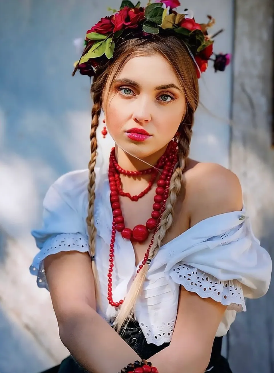 Paula Maria Rosalia in floral headpiece and white blouse editorial styling