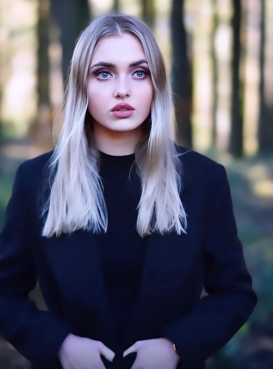 Paula Maria Rosalia in a forest portrait with black styling