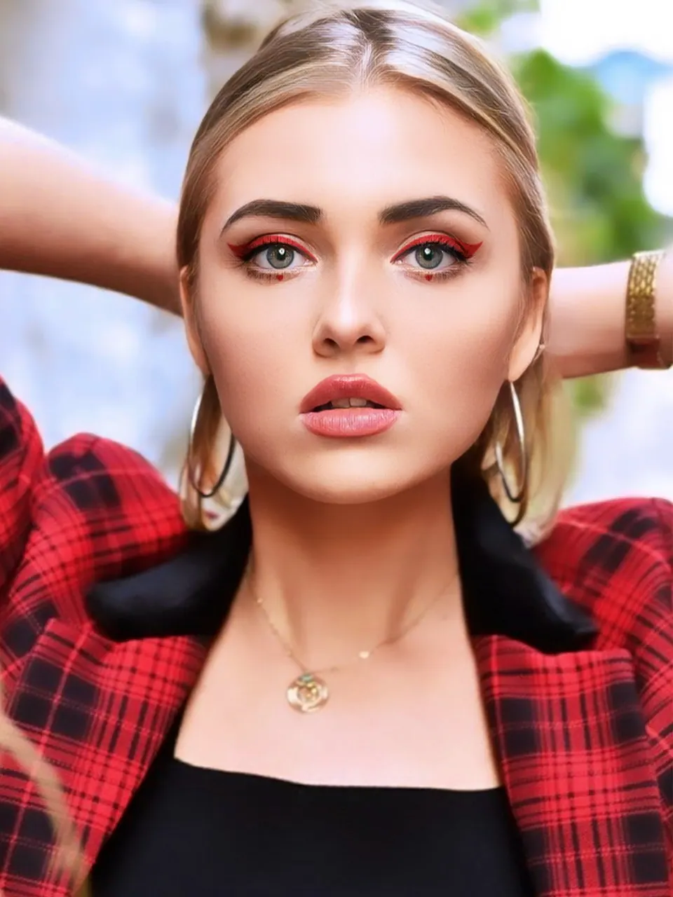Paula Maria Rosalia in a red plaid beauty close-up